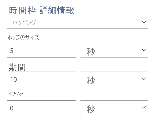 ホッピング時間ウィンドウのホップ サイズ、期間、オフセットの設定を示すスクリーンショット。