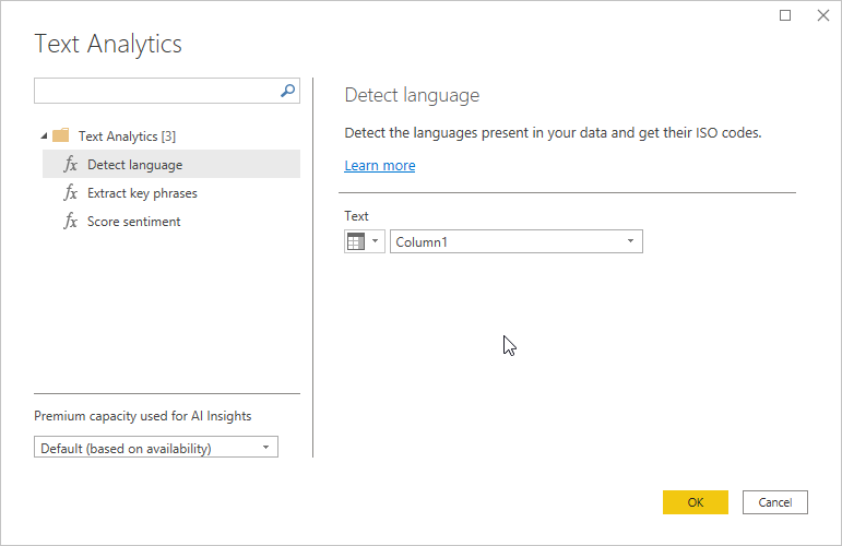 Screenshot of the Text analytics dialog box showing the Detect language function.