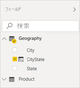 Screenshot of Power BI Desktop showing CityState checked in the Geography filter in the Fields view.