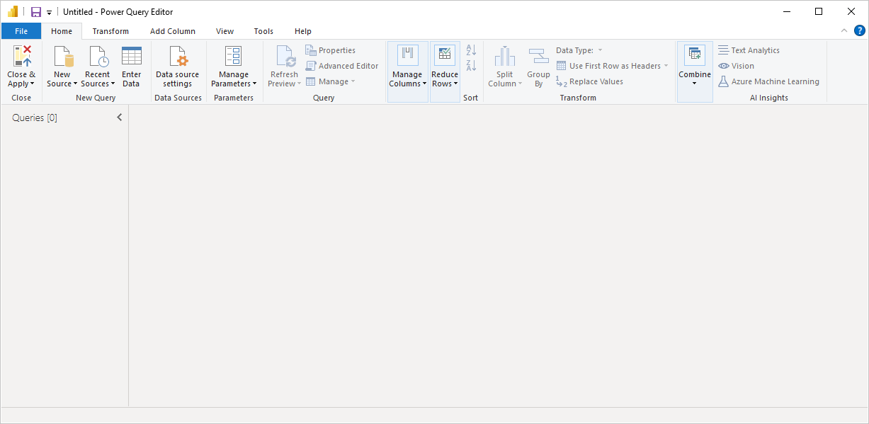Screenshot of Power BI Desktop showing Power Query Editor with no data connections.