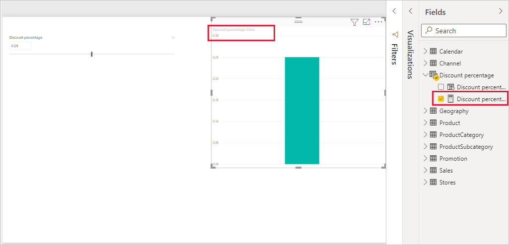 Power BI Desktop で強調表示されているパラメーターのメジャーと視覚化のスクリーンショット。