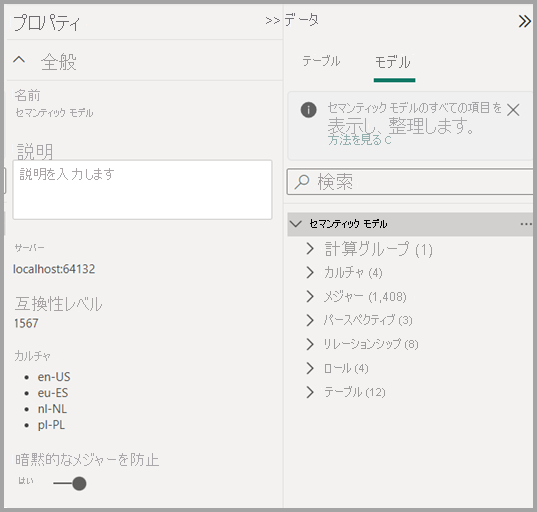 モデル エクスプローラーにおけるセマンティック モデル情報のスクリーンショット。