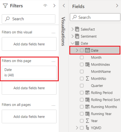 [フィールド] ペインで Date フィールドが強調され、[このページでのフィルター] ウェルの Date フィールドが強調されているスクリーンショット。