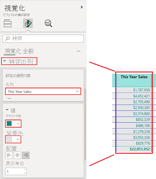 特定の列を選択して書式設定オプションを更新する方法を示すスクリーンショット。