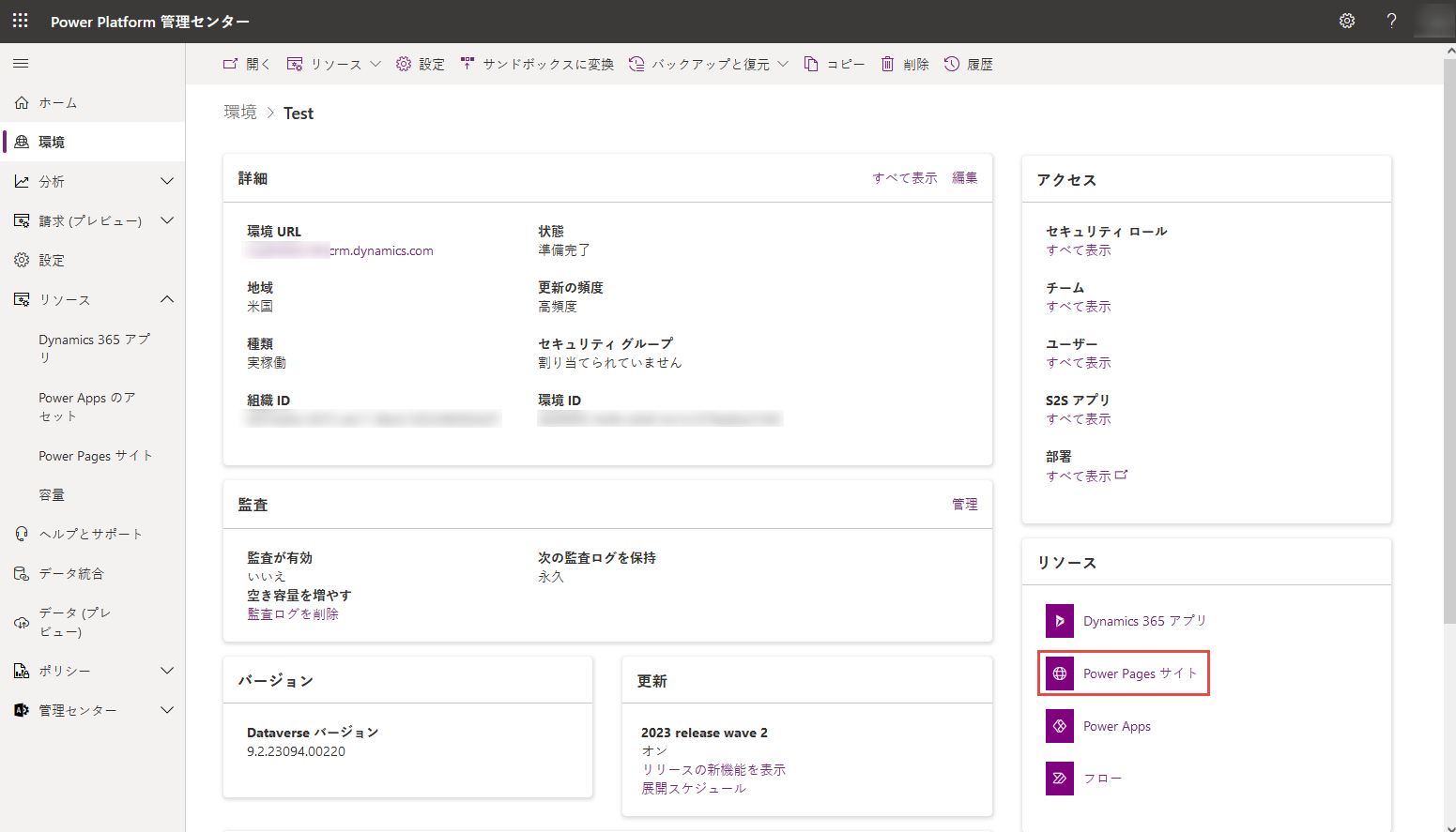 Power Platform 環境の詳細。