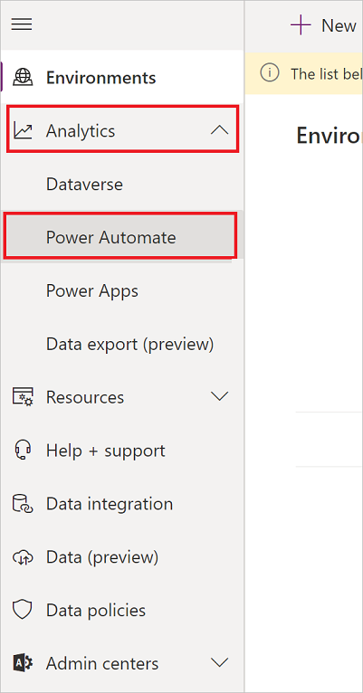 Power Automate 分析を表示する手順のスクリーンショット。