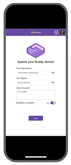 Onboarding Buddy アプリの [バディの詳細を更新] 画面のスクリーンショット。