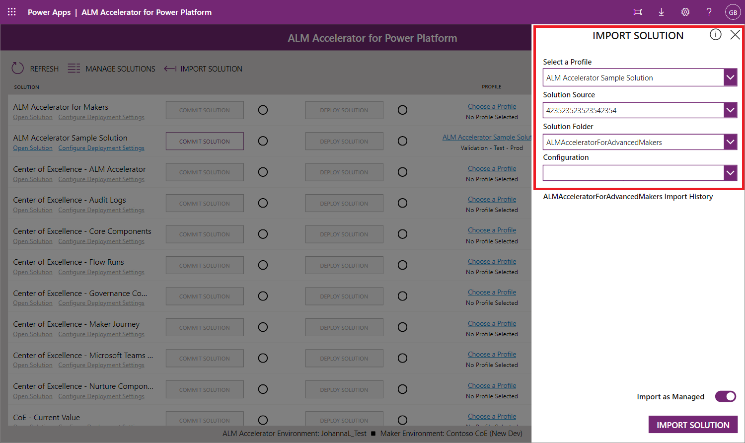 Azure DevOps のブランチからソリューションをインポートするスクリーンショット。