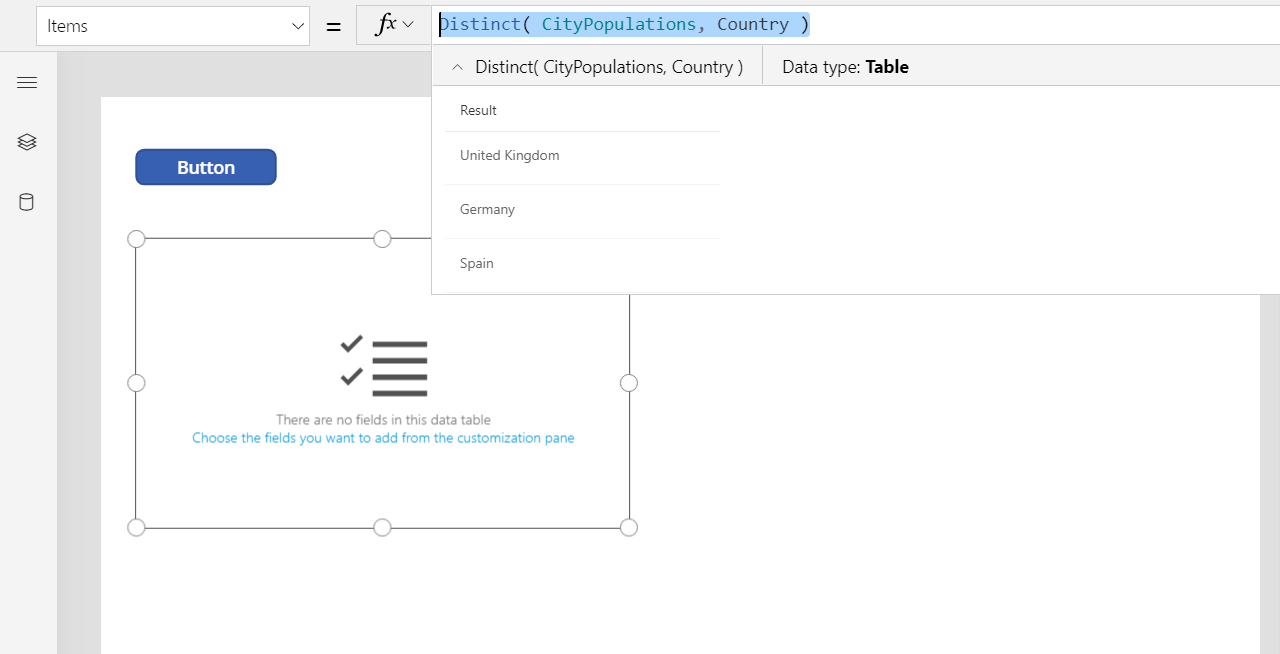 結果ビューに表示される Distinct 関数からの出力