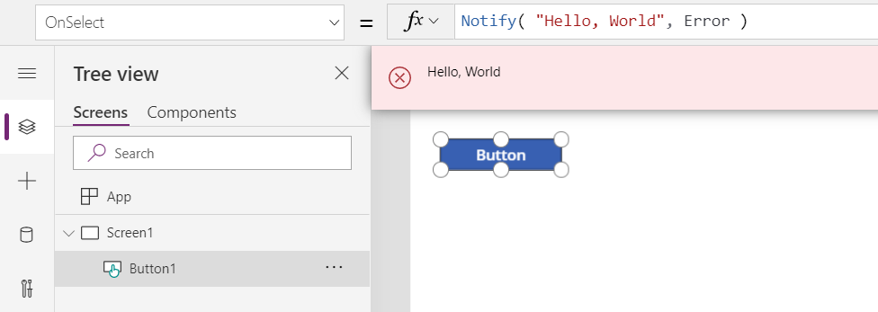 作成環境で、Button.OnSelect により Notify が呼び出され、その結果ユーザーに対して赤色のバナー メッセージで 