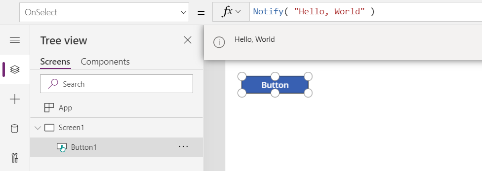 作成環境で、Button.OnSelect により Notify が呼び出され、その結果ユーザーに対して青色のバナー メッセージで 