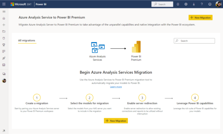 Azure Analysis Services から Power BI Premium への自動移行エクスペリエンス。