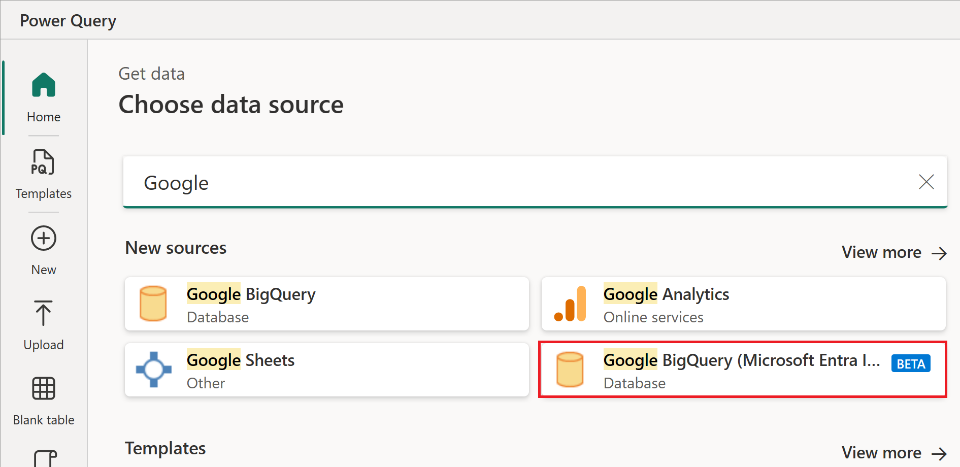 Google BigQuery (Microsoft Entra ID) コネクタが強調された [データ ソースの選択] ダイアログのスクリーンショット。