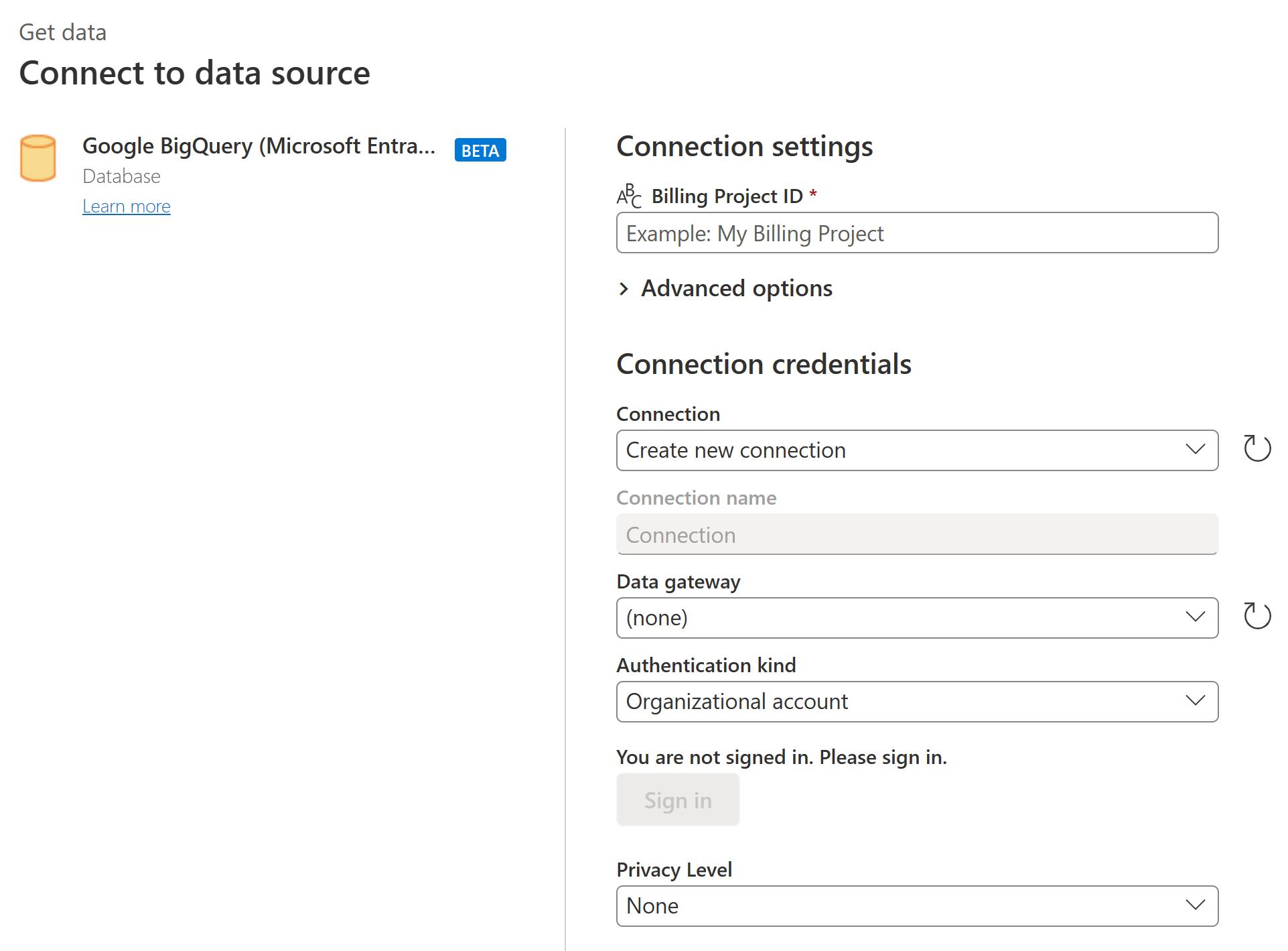 Google BigQuery (Microsoft Entra ID) の接続設定と認証情報を入力する [データ ソースへの接続] ダイアログのスクリーンショット。