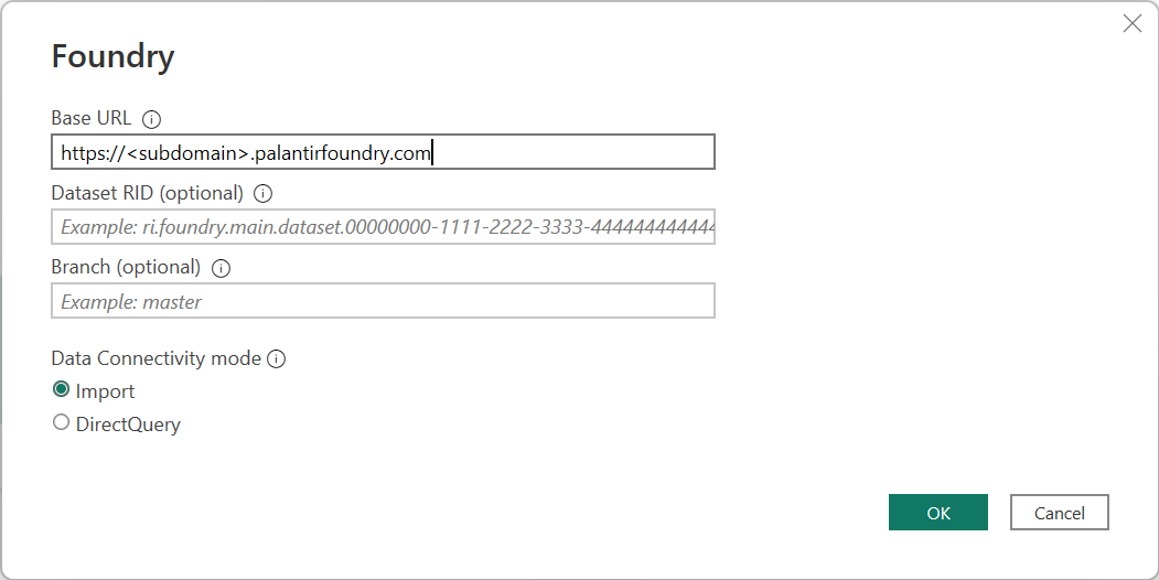 Power Query Desktop の Palantir Foundry 接続設定のスクリーンショット。