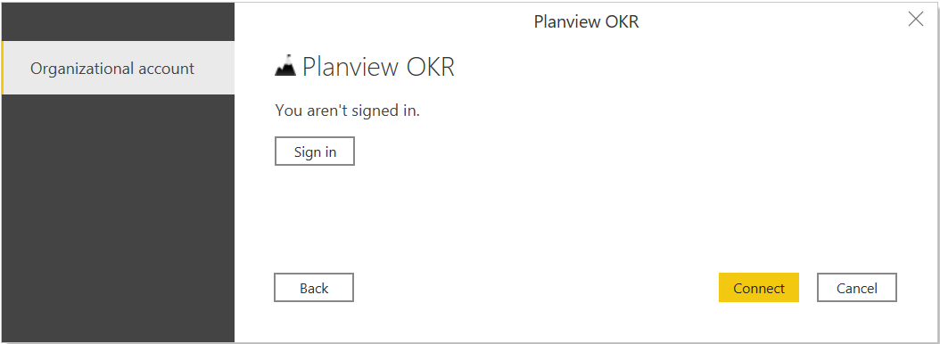 Planview OKR アカウントが強調表示され、[サインイン] ボタンが表示されているスクリーンショット。