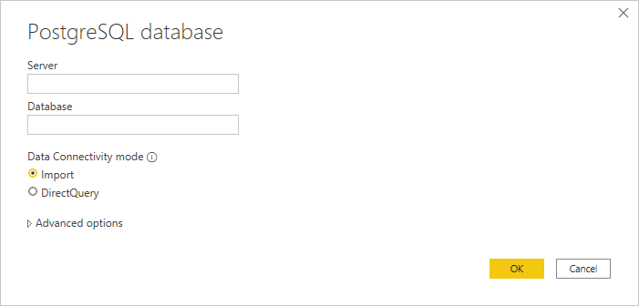 Power BI の PostgreSQL 接続ビルダー。