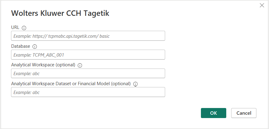 Wolters Kluwer CCH Tagetik コネクタ パラメーター ダイアログのスクリーンショット。