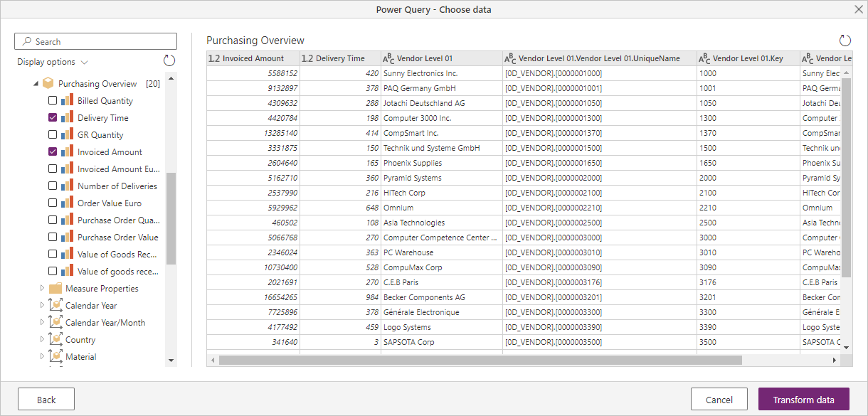 Power Query Online からの SAP BW Message Server ナビゲーター ビュー。