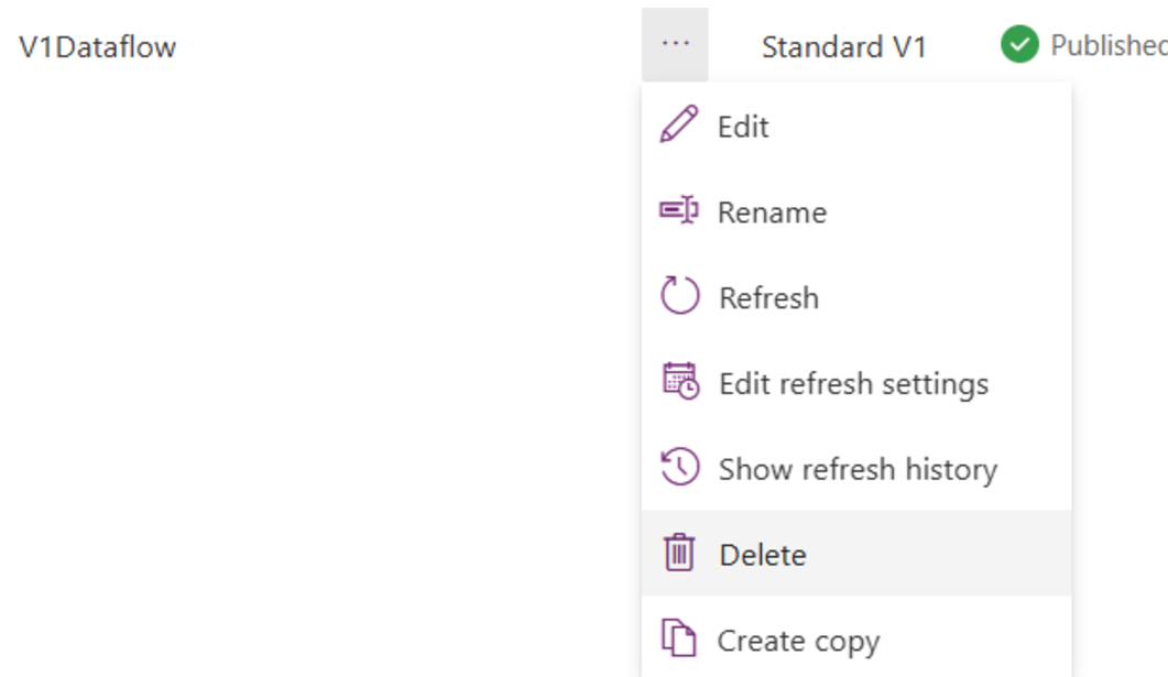 パブリッシュされた v2 データフローの省略記号メニューのスクリーンショット。[削除] オプションが強調されています。