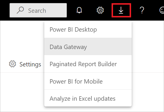 Power BI サービスでのデータ ゲートウェイの選択を示す画像。