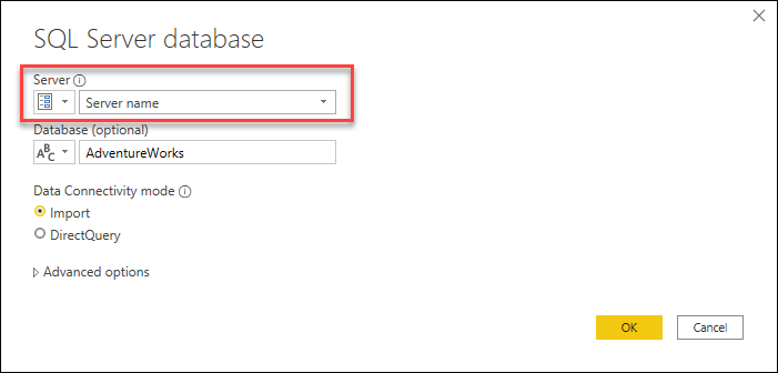 [SQL Server データベース] ダイアログとサーバー名のパラメーター。