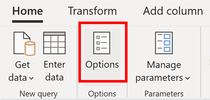 Power Query ホーム タブ内の [オプション] アイコンと選択肢のスクリーンショット。