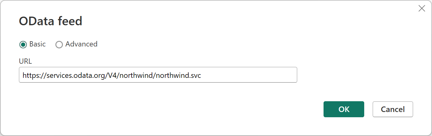 URL として Northwind サイトが入力された OData フィードの [データの取得] ダイアログのスクリーンショット。