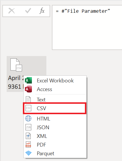 CSV が強調されたバイナリ ドロップダウン メニューのスクリーンショット。