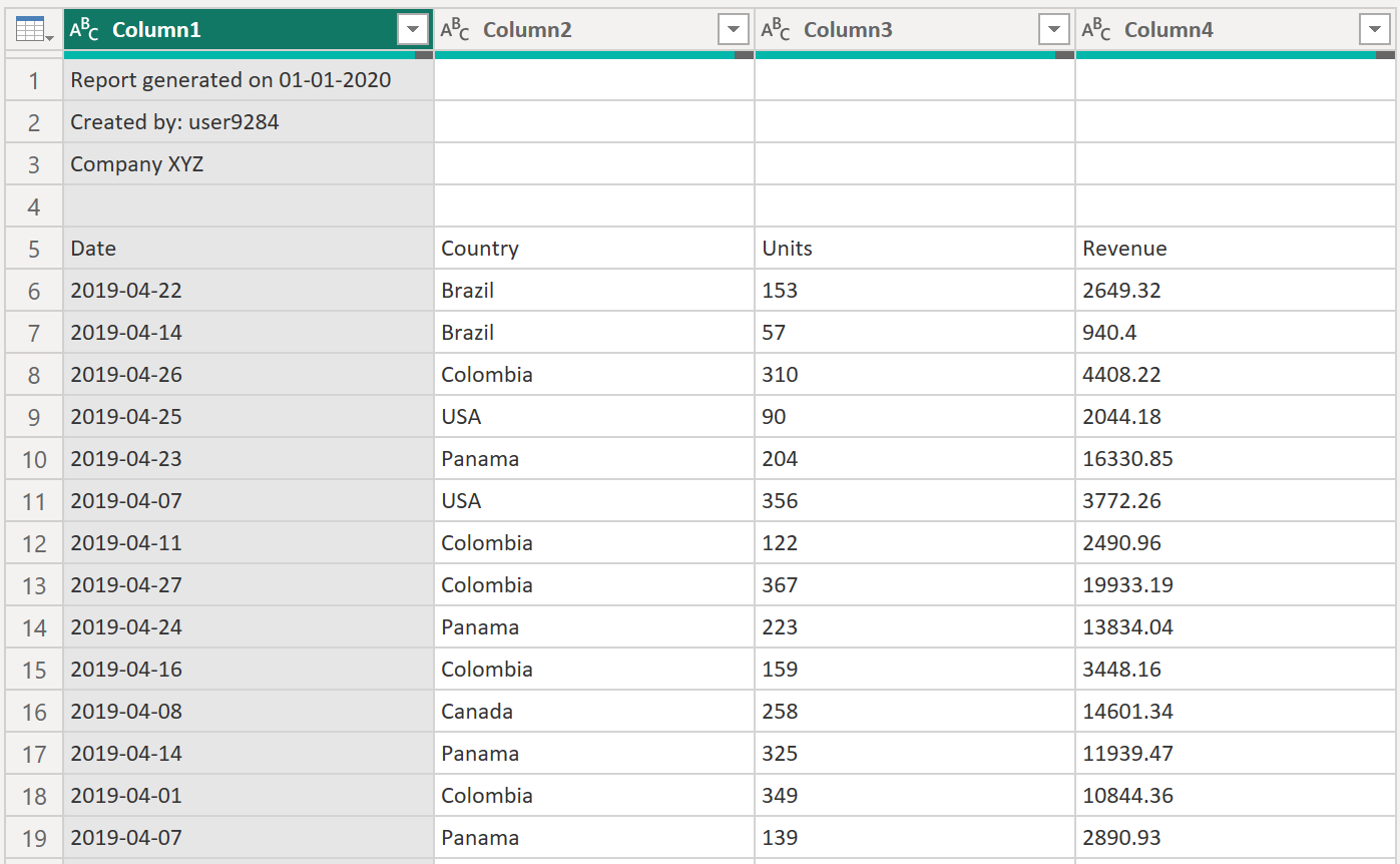 処理前のサンプル CSV データのスクリーンショット。