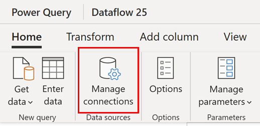 Power Query リボンの [ホーム] タブの [データ ソース] グループにある [接続の管理] ボタンのスクリーンショット。