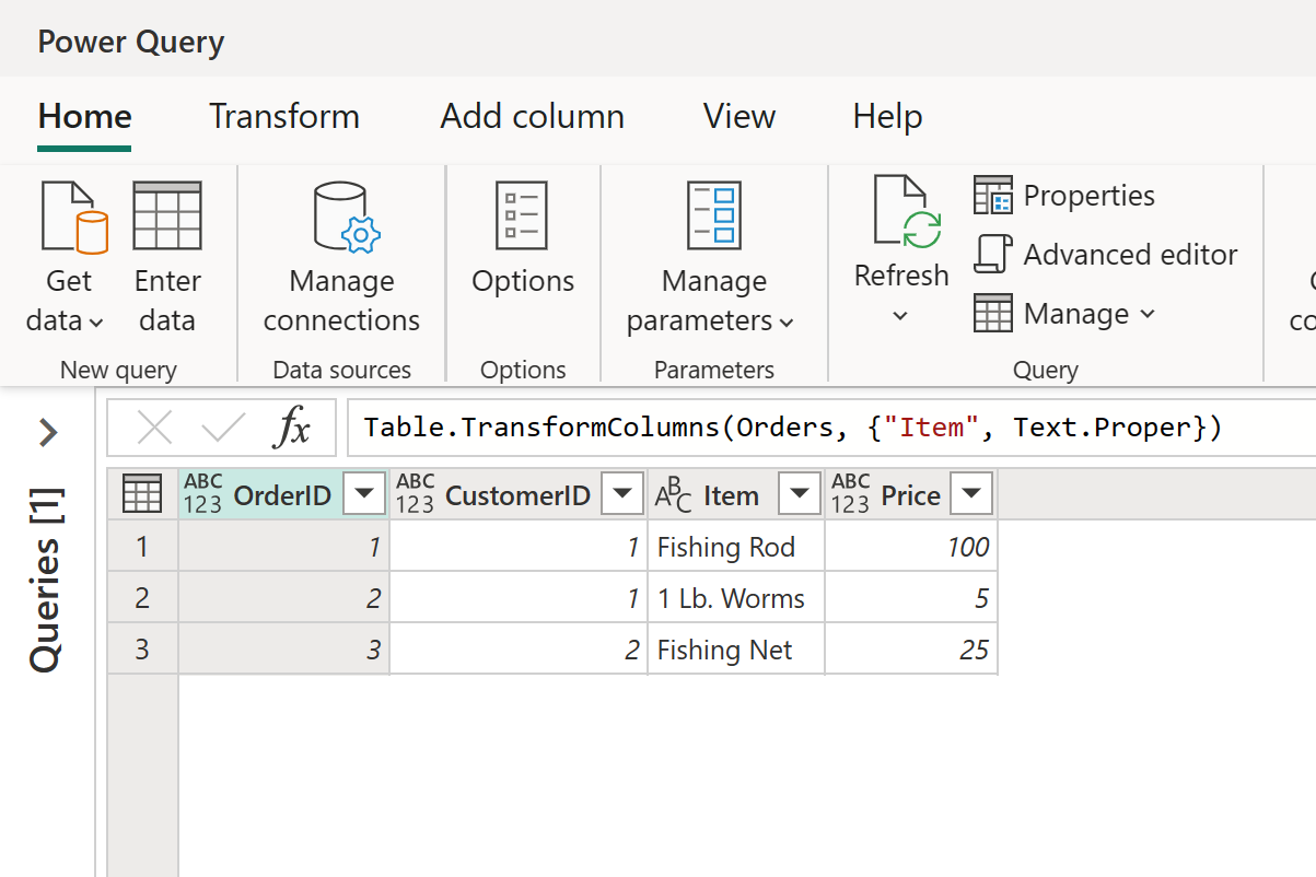 Item 列に入力された単語の最初の文字を大文字に変換した結果を表示している Power Query エディターのスクリーンショット。