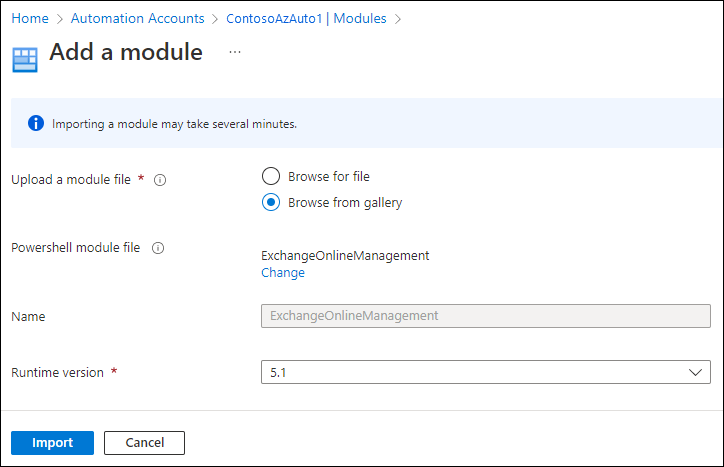 Azure portal で Automation アカウントにモジュールを追加するスクリーンショット。