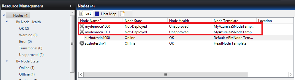 スクリーンショットには、[リソース管理] ページが表示され、4 つのノードのうち 2 つ (開始されていないノード) が強調表示されています。