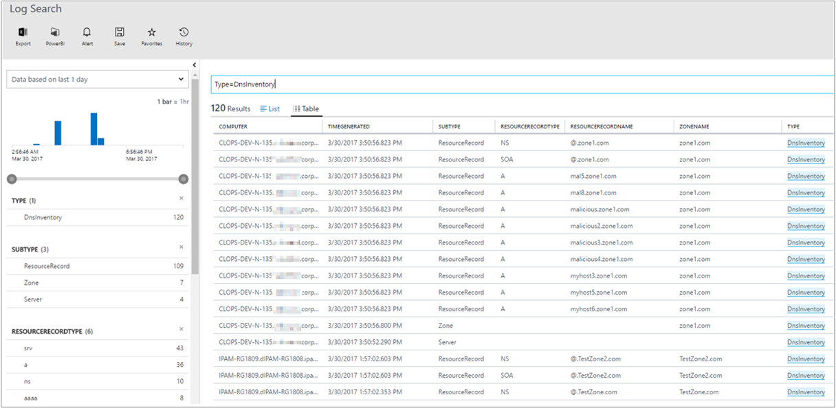 DnsInventory ログ検索を示すスクリーンショット。