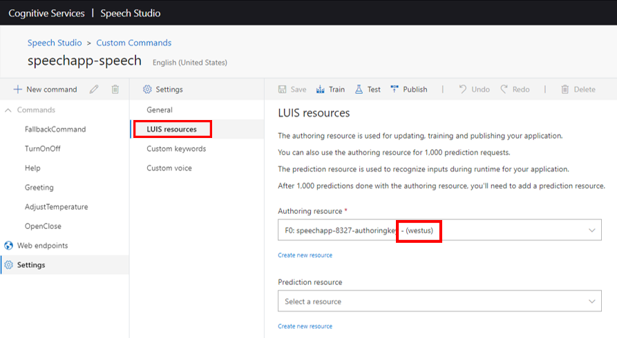 Speech プロジェクト LUIS リソースのスクリーンショット。