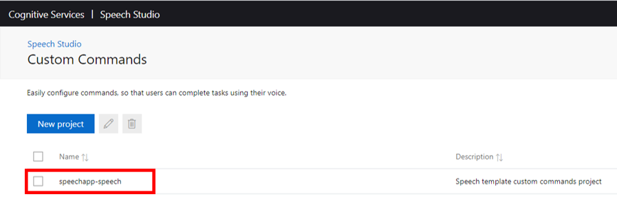 Speech Studio のプロジェクト ページのスクリーンショット。