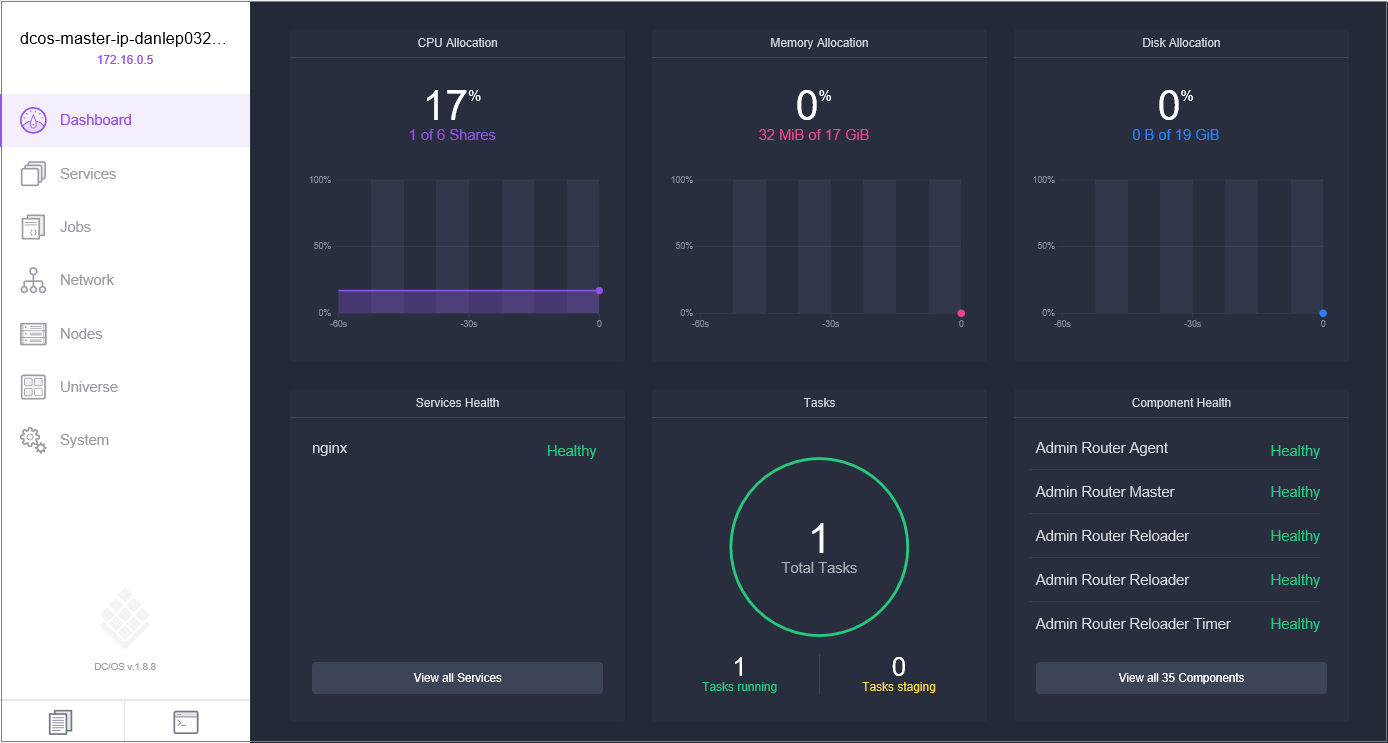 DC/OS web UI--task running on the cluster