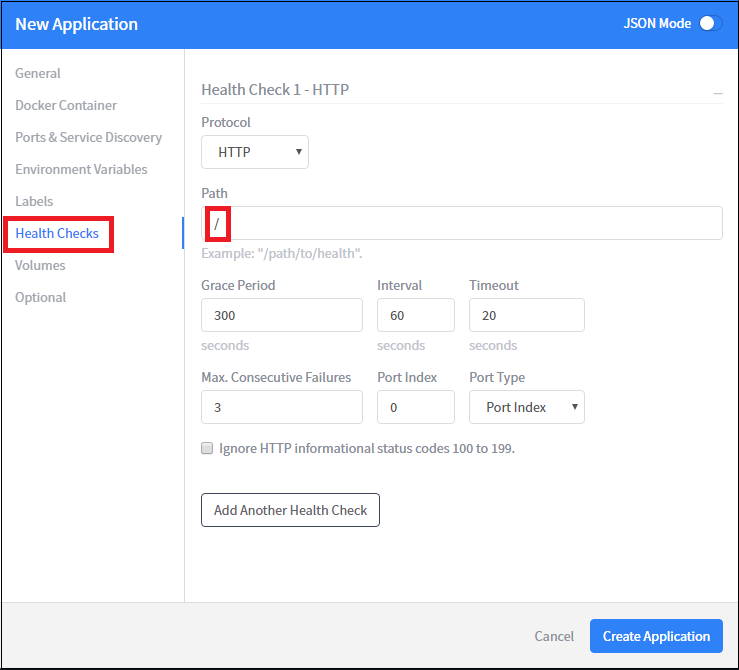 [New Application (新しいアプリケーション)] の UI - [Health Checks (正常性チェック)]