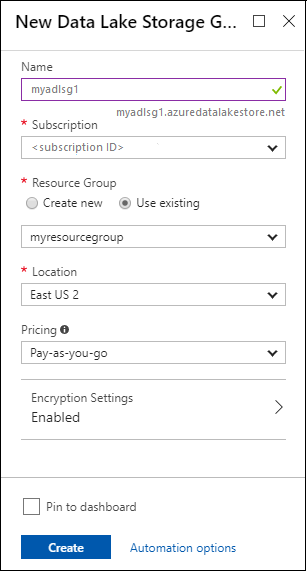 新しい Data Lake Storage Gen1 アカウントを作成する