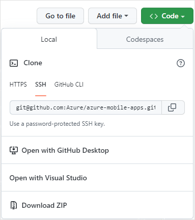 GitHub の [コード] メニューのスクリーンショット。