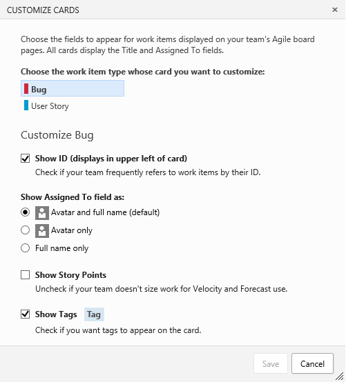 Card configuration options dialog