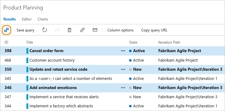 Screenshot of Query results page, multi-select items, bulk save modified work items, TFS-2018 and earlier versions.