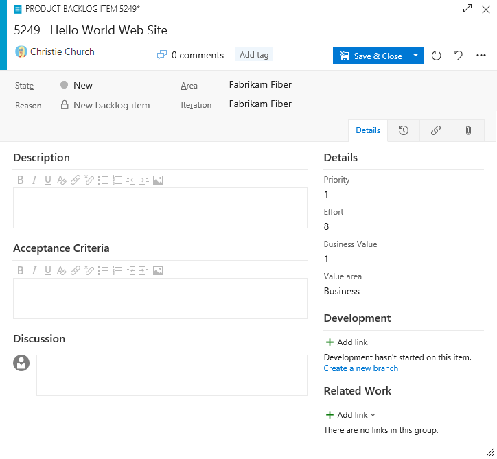 Screenshot of Product Backlog Item form.