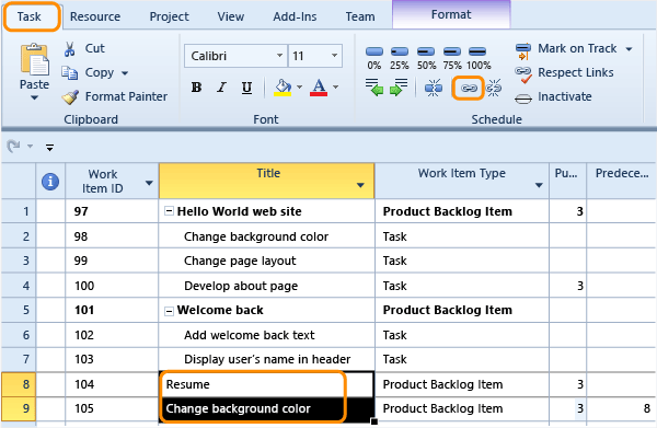 Create predecessor-successor links in Project