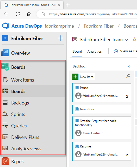 Screenshot showing hubs in Azure Boards menu.