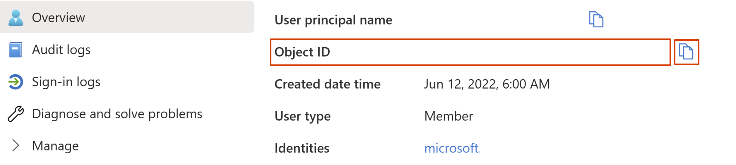 オブジェクト ID を表示する方法を示すスクリーンショット。