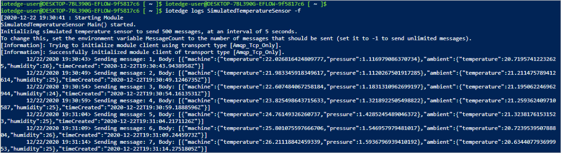 Simulated Temperature Sensor モジュールの出力ログを表示します。