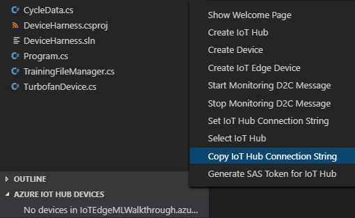 [Copy IoT Hub connection string] (IoT Hub 接続文字列のコピー)