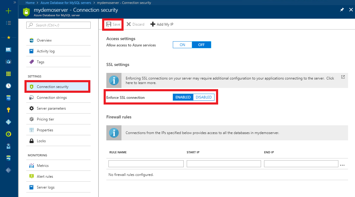 Azure Database for MySQL に SSL 接続を適用する Azure portal のスクリーンショット